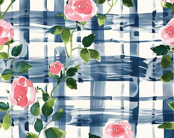Tela de rosas trepadoras, tela de cuadros azules, tela de cuadros florales, tela estilo cottage core, tela para coser vestidos, tela 100% algodón por medio metro.