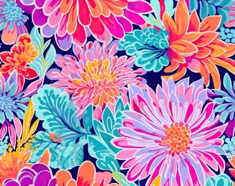 Vibrant Dahlia Fabric Bold Tropical Floral Fabric Preppy Flowers Fabric Spring Botanical Fabric 100% Cotton Fabric By The Half Yard