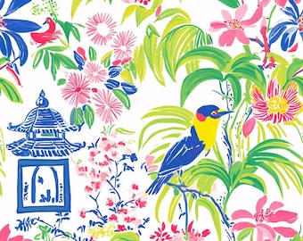 Tela Pagoda Tela Pájaro Tela Floral Tela Chinoiserie Tela Flor Tropical Tela Hoja de Palma Tela 100% Algodón Por Medio Metro