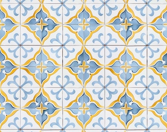 Portuguese Azulejo Tile Fabric Blue Yellow White Fabric Boho Mediterranean Tile Fabric Home Decor Fabric 100% Cotton Fabric By The Half Yard