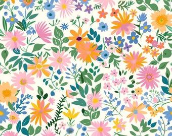 Tela floral de margaritas de primavera, tela de flores silvestres de verano arcoíris, tela de enredaderas florales mixtas brillantes, tela 100% algodón por medio metro.