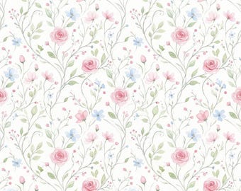 Tela de acuarela rosa rosa, tela de enredadera de flores silvestres azules, tela de enredadera floral vertical, tela para vestido floral, tela 100% algodón por medio metro.