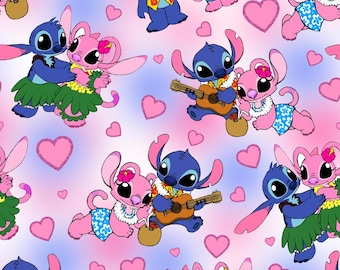 Tecido Disney Stitch, Tecido Havaiano Stitch e Anjo, Tecido para Saia de Grama com Ukulele Lilo e Stitch, Tecido Anime, Tecido de Algodão por Meio Metro