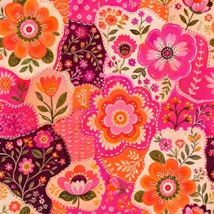May include: A vibrant fabric pattern featuring a patchwork of organic shapes filled with various floral illustrations. The design showcases large orange and pink blossoms, smaller sprigs, and intricate foliage set against deep purple and cream backgrounds.