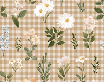 Beige Gingham Botanical Fabric Soft Wildflowers Fabric Vintage Checks Fabric Cottage Garden Fabric 100% Cotton Fabric By The Half Yard