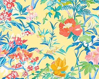Tela de estilo chinoiserie con estampado floral, tela de peonías rojas, rosas y naranjas, tela de flores, tela de peonías estilo preppy con ramas, tela 100% algodón por medio metro.