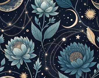 Tela Loto Azul Tela Celestial Tela Luna Creciente Tela Constelación Estelar Tela Floral Mágica Tela 100% Algodón Por medio metro