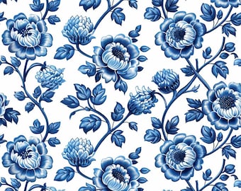 Chinoiserie Floral Fabric French Flower Fabric Blue And White Fabric White Porcelain Fabric 100% Cotton Fabric By The Half Yard