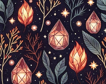 Tela de cristal de bruja, tela de llamas, tela botánica, tela de gemas geométricas ámbar, tela de luna creciente estrellada, tela 100% algodón por medio metro.