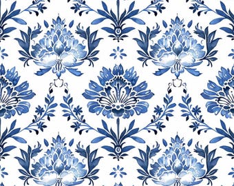 Tela de estilo chinoiserie con estampado floral, tela con estampado floral francés, tela azul y blanca, tela con estampado de azulejos simétricos, tela 100% algodón por medio metro.