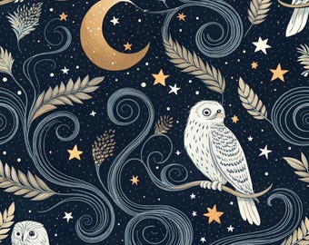 Tecido Coruja Noturna Celestial, Tecido Lua Estrelada, Tecido Corujas da Neve, Tecido Coruja de Halloween, 100% Algodão, Vendido por Meio Metro