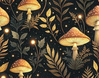 Tela de bosque de setas encantadas, tela de luciérnagas brillantes, tela caprichosa, tela de decoración de brujas, tela 100% algodón por medio metro.