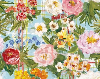 Tela floral con estampado pictórico, tela con flores pintadas llamativas, tela de cuadros vichy con peonías, tela estilo preppy cottage core, tela 100% algodón por medio metro.
