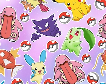 Pastel Purple Pokemon Fabric Pikachu Gengar Chikorita Pokeball Cartoon Anime Fabric Cute Multi Fabric 100% Cotton Fabric By The Half Yard