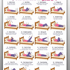 May include: A digital chart titled Bed Exercises for Seniors featuring 20 illustrated steps for physical movement. Each panel shows a person in a pink shirt and purple pants performing exercises on a wooden bed frame. Includes US Letter and A4 text.
