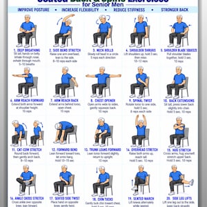 May include: A digital chart titled Seated Back & Spine Exercises for Senior Men, featuring twenty numbered illustrations of a person in a blue shirt performing seated stretches, with instructional text for each movement and US Letter/A4 sizing.