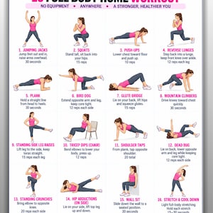 Può includere: Un poster informativo bianco intitolato 16 FULL BODY HOME WORKOUT che presenta sedici illustrazioni numerate di una persona in canotta rosa e leggings scuri che esegue vari esercizi con istruzioni testuali per ogni movimento.
