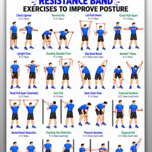 May include: An instructional chart titled RESISTANCE BAND EXERCISES TO IMPROVE POSTURE, featuring illustrations of a person in a blue shirt and black shorts performing various exercises with a red resistance band. Includes US LETTER | A4 | Instant Download.
