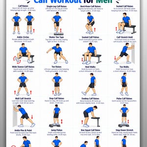 Może przedstawiać: Plakat treningowy zatytułowany Calf Workout for Men, przedstawiający dwadzieścia ilustrowanych ćwiczeń z postaciami w niebieskich koszulkach demonstrującymi wspięcia na palce, rozciąganie i pulsowanie, z instrukcjami w formacie A4.