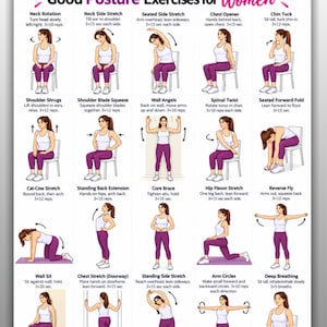 May include: A digital chart titled Good Posture Exercises for Women featuring twenty illustrated figures in white tank tops and purple leggings demonstrating various stretches and movements with instructional text for each exercise on a white background.