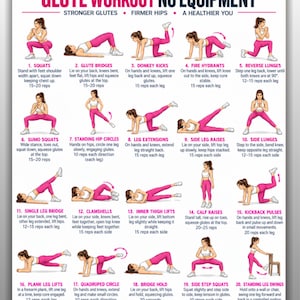 Puede incluir: Una tabla de ejercicios titulada GLUTE WORKOUT NO EQUIPMENT que muestra veinte ilustraciones numeradas de una persona con sujetador deportivo blanco y mallas rosas realizando varios movimientos con instrucciones y repeticiones.