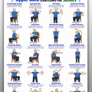 May include: A digital exercise chart titled Upper Back Exercises for Seniors, featuring sixteen illustrations of a person in a blue shirt performing various movements with red directional arrows and instructional text for each exercise.