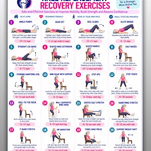 Könnte beinhalten: Eine digitale Übersicht mit dem Titel Knee Replacement Recovery Exercises, die zwanzig nummerierte Illustrationen von physiotherapeutischen Übungen zeigt. Der Leitfaden enthält Anleitungen für Fußgelenkübungen, Beinstrecken und Dehnungen.