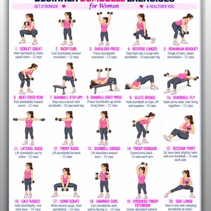 May include: A white instructional poster titled BEGINNER DUMBBELL EXERCISES featuring twenty numbered illustrations of a person in a pink tank top and dark leggings performing various exercises with dumbbells, including text descriptions for each.