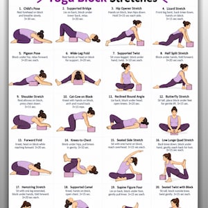 May include: A digital chart titled Yoga Block Stretches featuring twenty illustrated yoga poses using a purple yoga block. Each numbered section includes a figure in a purple tank top and leggings demonstrating specific stretches with instructions.