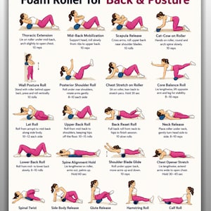 May include: An instructional poster titled Foam Roller for Back & Posture, featuring twenty illustrations of a person in pink leggings and a white top demonstrating various exercises using a blue foam roller, with text for US Letter and A4 sizes.