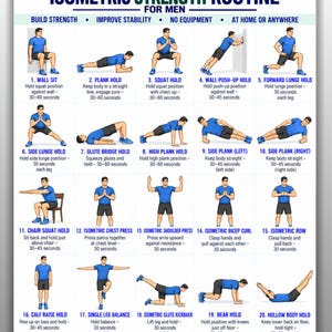 May include: A digital chart titled ISOMETRIC STRENGTH ROUTINE FOR MEN, featuring 20 numbered illustrations of a person in a blue shirt and black shorts performing various exercises with text instructions for each, including US LETTER and A4 sizes.