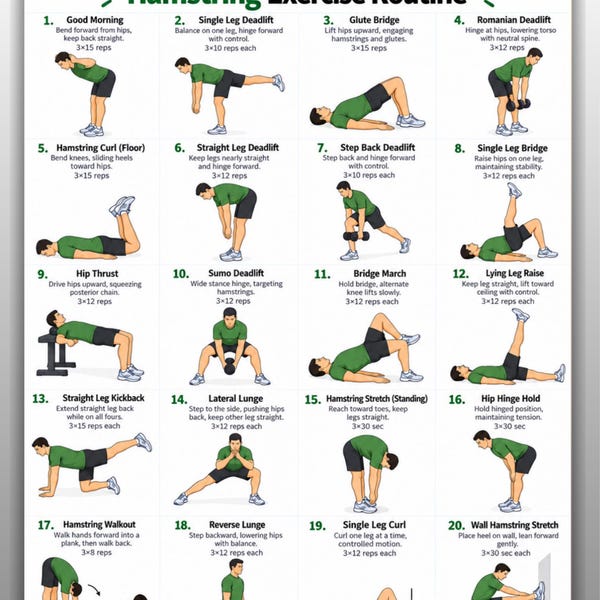 Hamstring Exercises Printable Chart for Men, Hamstring Strengthening and Stretching Workout, Daily Lower Body Routine, Instant Download PDF