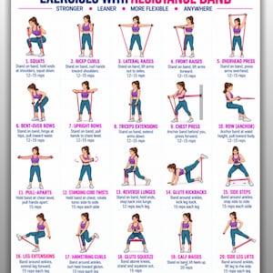 Peut inclure: Un tableau d'exercices numérique intitulé EXERCISES WITH RESISTANCE BAND présentant vingt illustrations numérotées d'une personne en débardeur violet et legging bleu effectuant divers mouvements avec une bande de résistance rose, avec des instructions.