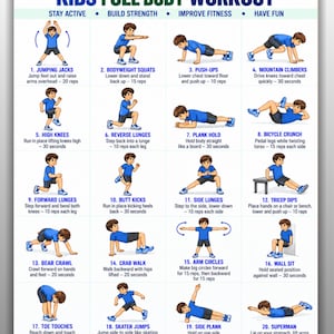 Può includere: Un poster digitale intitolato KIDS FULL BODY WORKOUT che presenta venti esercizi illustrati per bambini. Ogni sezione numerata include un personaggio con maglietta blu che dimostra movimenti come jumping jack, squat e plank con istruzioni testuali.