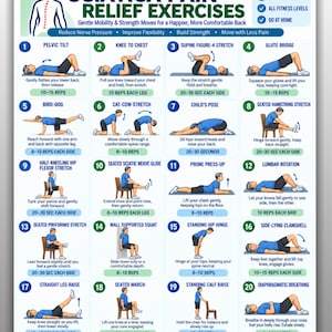May include: A digital chart titled Sciatica Pain Relief Exercises featuring twenty numbered illustrations of a person in blue clothing performing various stretches and movements, with instructional text for each exercise and a white background.