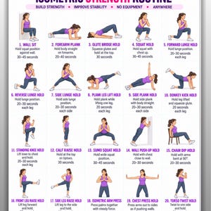 Może przedstawiać: Cyfrowa tabela fitness zatytułowana Isometric Strength Routine, zawierająca dwadzieścia ponumerowanych ilustracji osoby w fioletowym stroju sportowym wykonującej różne ćwiczenia. Tekst zawiera instrukcje i czas trwania każdego ruchu oraz ikony na dole.