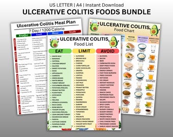Ulcerative Colitis Food List Bundle, Ulcerative Colitis Food Reference Chart Printable, Low Fiber Grocery Meal Planner, Instant Download PDF