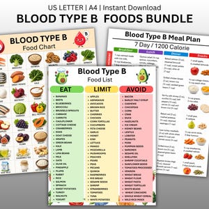 Op de afbeelding: Een Blood Type B Foods Bundle met drie digitale documenten getiteld Blood Type B Food Chart, Blood Type B Food List en Blood Type B Meal Plan. De documenten bevatten gecategoriseerde voedseloverzichten, illustraties van diverse etenswaren en tekst.