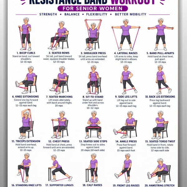 Resistance Band Workout for Senior Women, Seated & Standing Band Exercises Chart Printable, Senior Home Fitness Routine Instant Download PDF