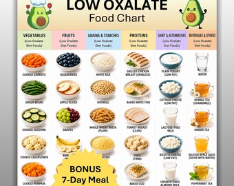 Low Oxalate Food Chart Printable, Oxalate Friendly Food List, Kidney Stone Diet Meal Plan, Renal Grocery Shopping Guide Instant Download PDF