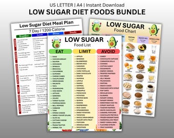 Low Sugar Diet Food List Bundle, Low Sugar Food Reference Chart Printable, Diabetes Low Carb Meal Planner Grocery Guide Instant Download PDF