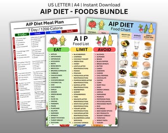 AIP Diet Foods List Bundle, Autoimmunprototyp Nährmittel-Referenztabelle zum Ausdrucken, Paleo Diet Grocery Shopping Meal Plan, Instant Download PDF