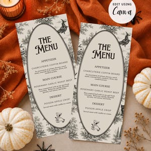 May include: Two rectangular menu cards with a cream background and black ink illustrations of witches, pumpkins, and trees. The text reads THE MENU, APPETIZER CHARCUTERIE COFFIN BOARD, MAIN COURSE ROSEMARY GARLIC ROAST BEEF, and DESSERT POISON APPLE CRISP.