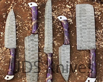 Ensemble de couteaux de cuisine artisanaux en acier de Damas avec étui en cuir, couteaux haut de gamme avec étui haut de gamme, ensemble de couteaux de chef, cadeau pour garçon d'honneur