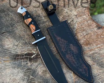 Couteau Bowie noir en acier au carbone, fait main, avec étui en cuir