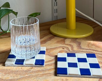 Set of 2 - Handmade Mosaic Tile Coasters – Blue Cream Checkerboard Set Home Decor