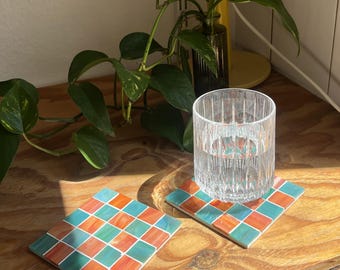 Orange Green Mosaic Coasters – Checkerboard Glass Tile Set (Set of 2)