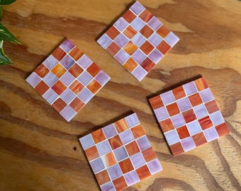 Orange Pink Mosaic Tile Coasters – Set of 2, Checkerboard Pattern as Unique Home Decor, Birthday Gift, Move in Gift, Desk and Office Decor