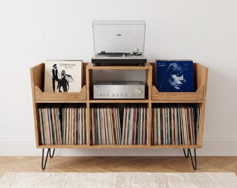 Skivspelare, Skivspelare, Förvaring för vinylskivor, LP-skivskåp, Ljudställ för 50-talets moderna stil, Handgjorda trämöbler