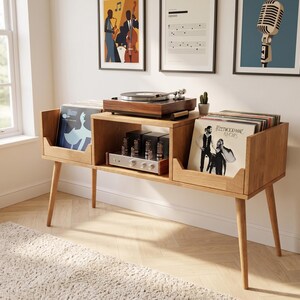 Oak Record Player Stand, Vinyl Record Storage Cabinet, Mid Century Modern Console, LP Record Organizer, Audio Rack, Vinyl End Table, MCM